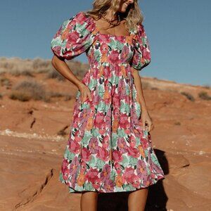 Baltic Born Aimee Puff Sleeve Midi Dress | Pink Multi Size XLXL